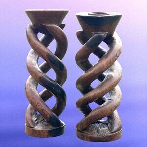 MCM Danish Folk Art Double Helix Openwork Vintage Teakwood Candle Holders